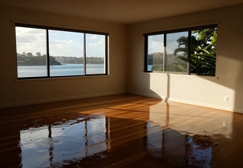 Flood-damaged living room in Wareemba before restoration