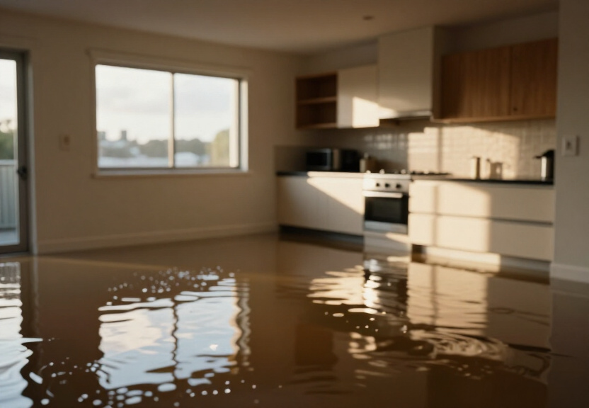 Flooded kitchen in Wareemba before cleanup